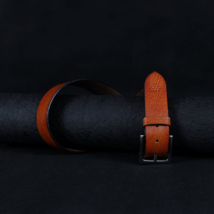 Tan Hand-Painted Leather Belt - Tree Pattern with Antique Buckle