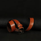 Tan Hand-Painted Leather Belt - Tree Pattern with Antique Buckle