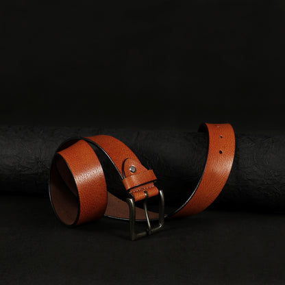 Tan Hand-Painted Leather Belt - Tree Pattern with Antique Buckle