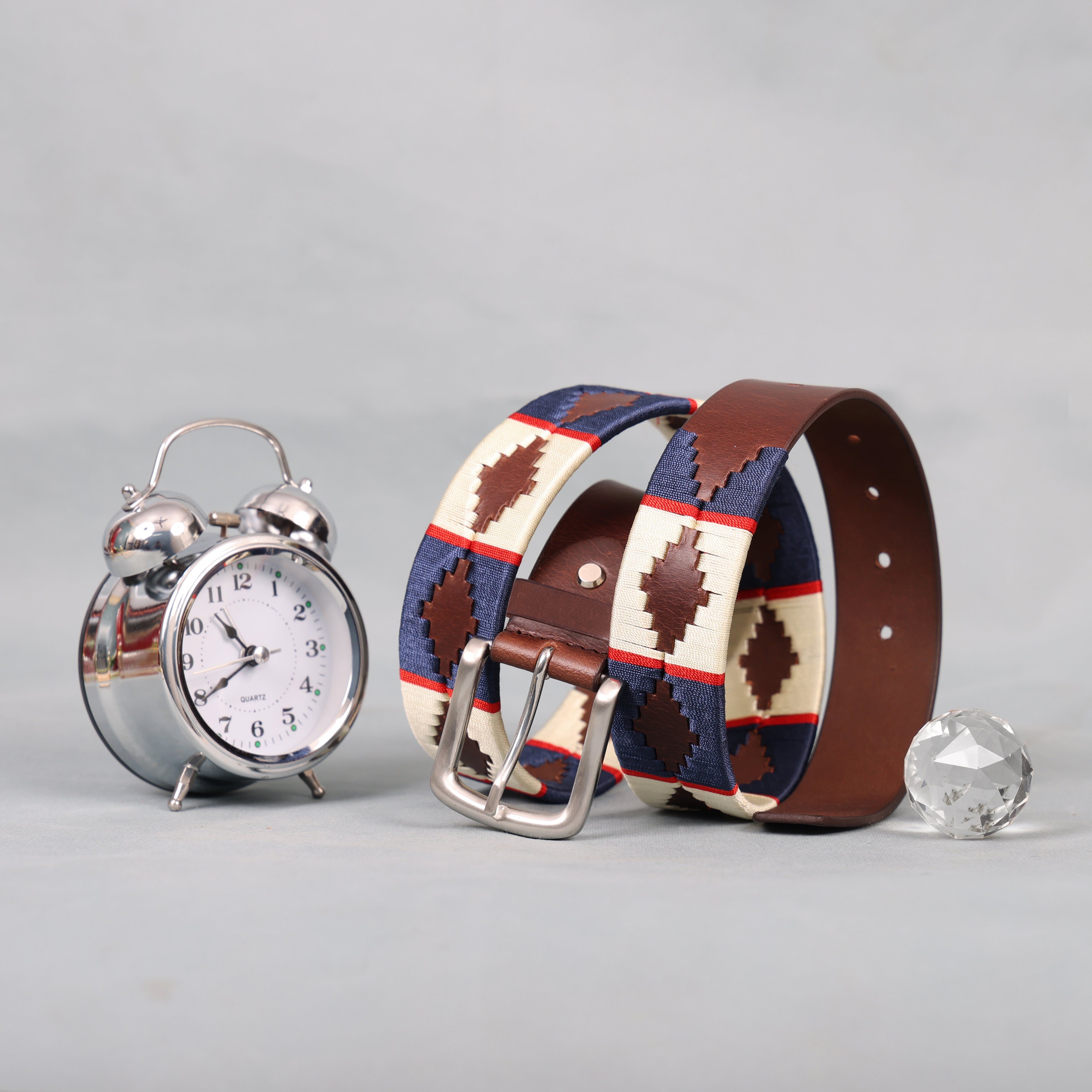 Brown Polo Leather Belt with Blue, Red, and Cream Stitching & Silver Buckle