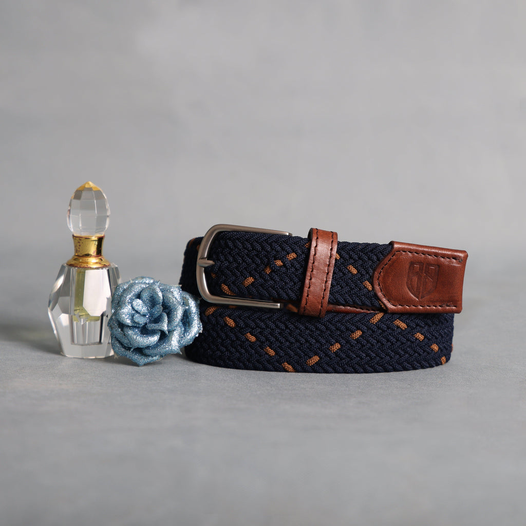Golf Stretch Belt – Navy & Orange Dot with Brown Leather Trim