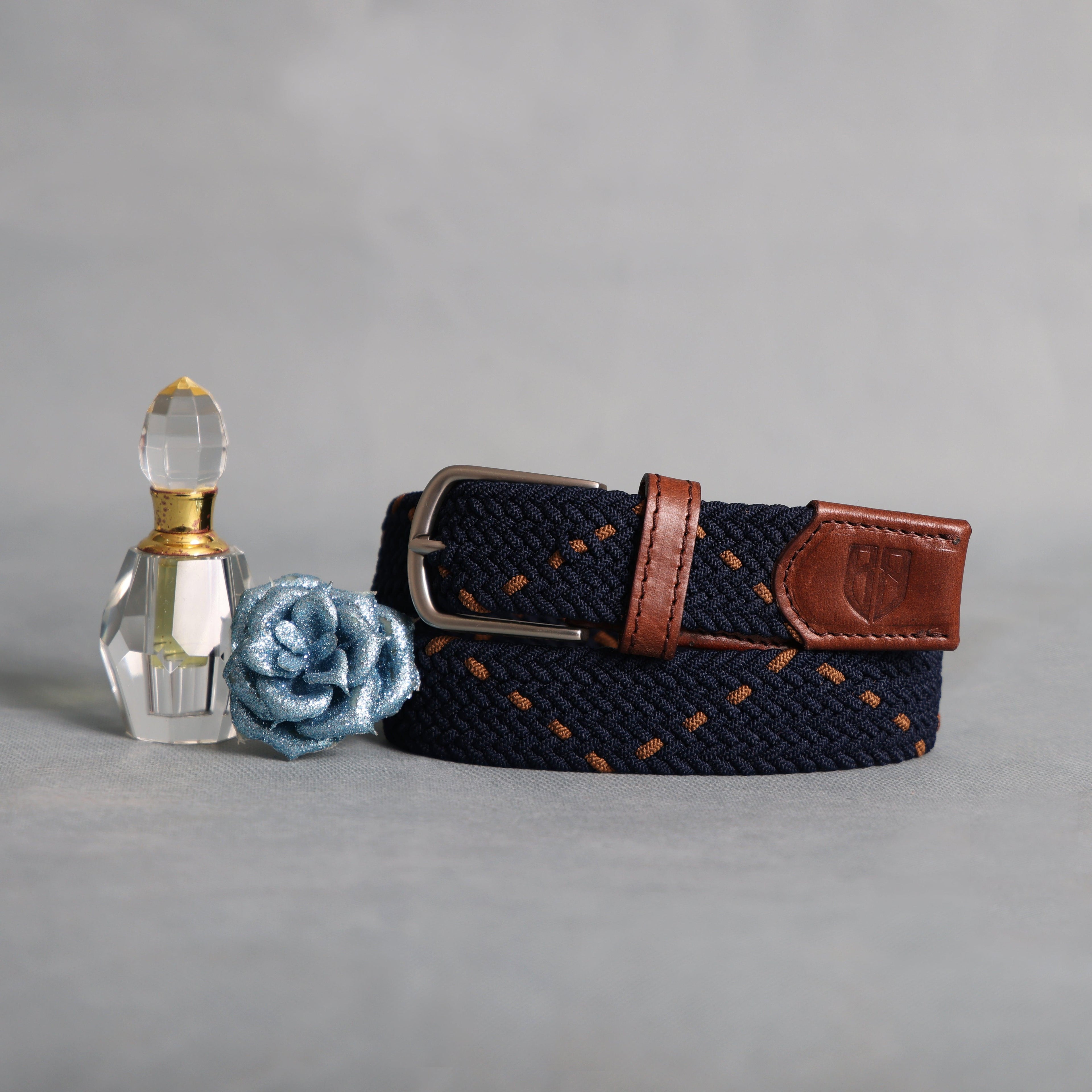 Golf Stretch Belt – Navy & Orange Dot with Brown Leather Trim