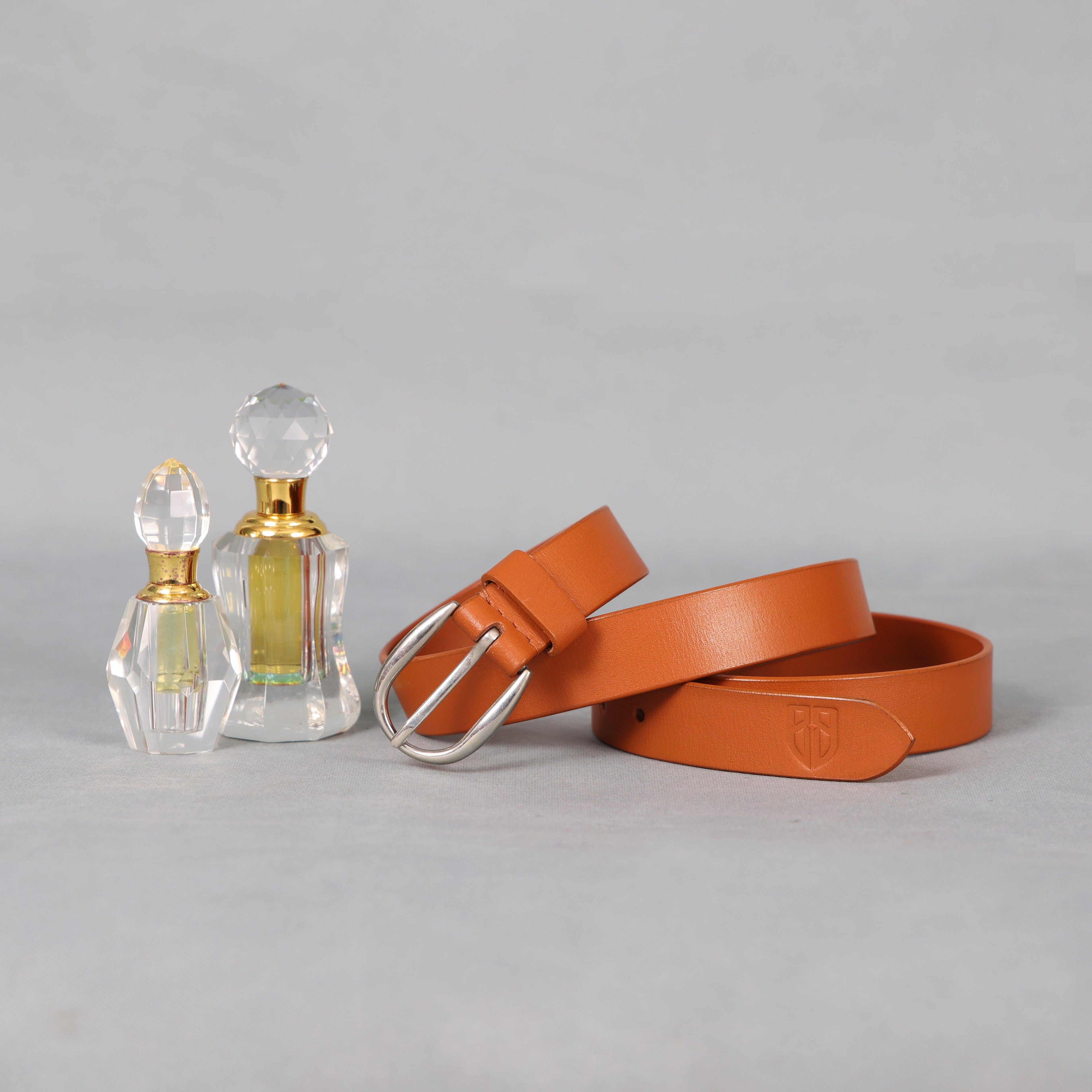 Tan Leather Belt for Women with Silver Buckle
