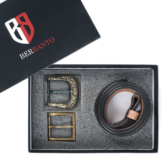 Berbanto Natural Leather Western Belt with Western Engraved Brass Buckle + Free Antique Plain Buckle