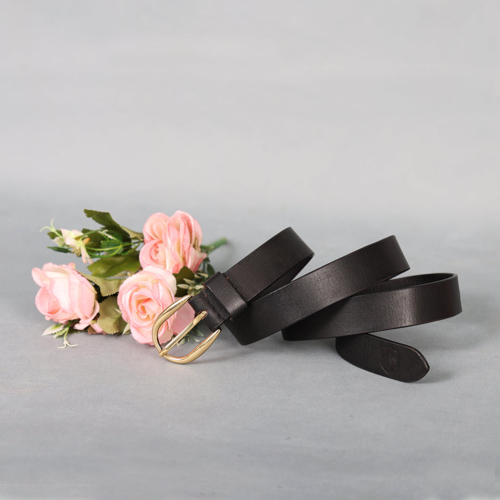 Black Leather Belt for Women with Golden Buckle