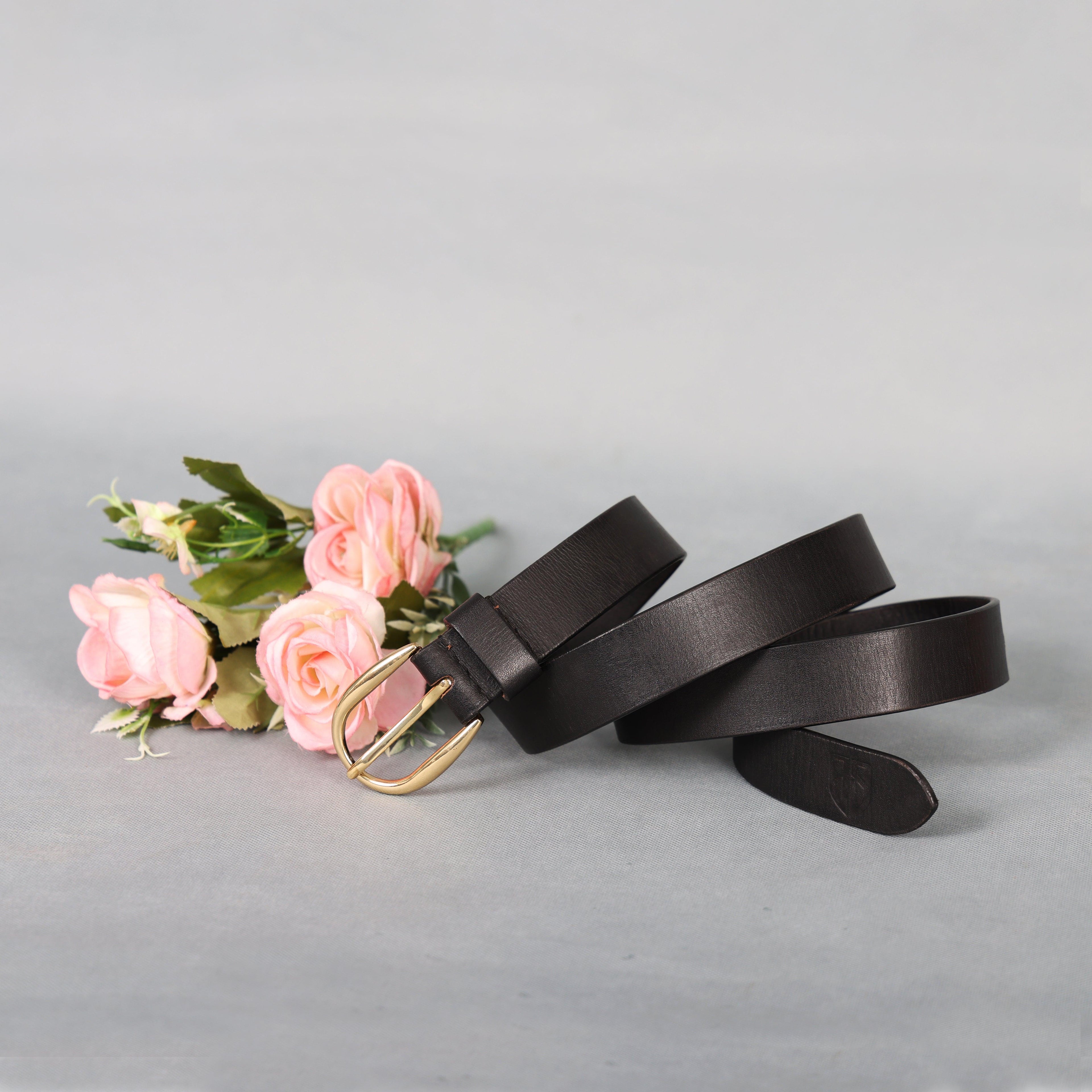Black Leather Belt for Women with Golden Buckle