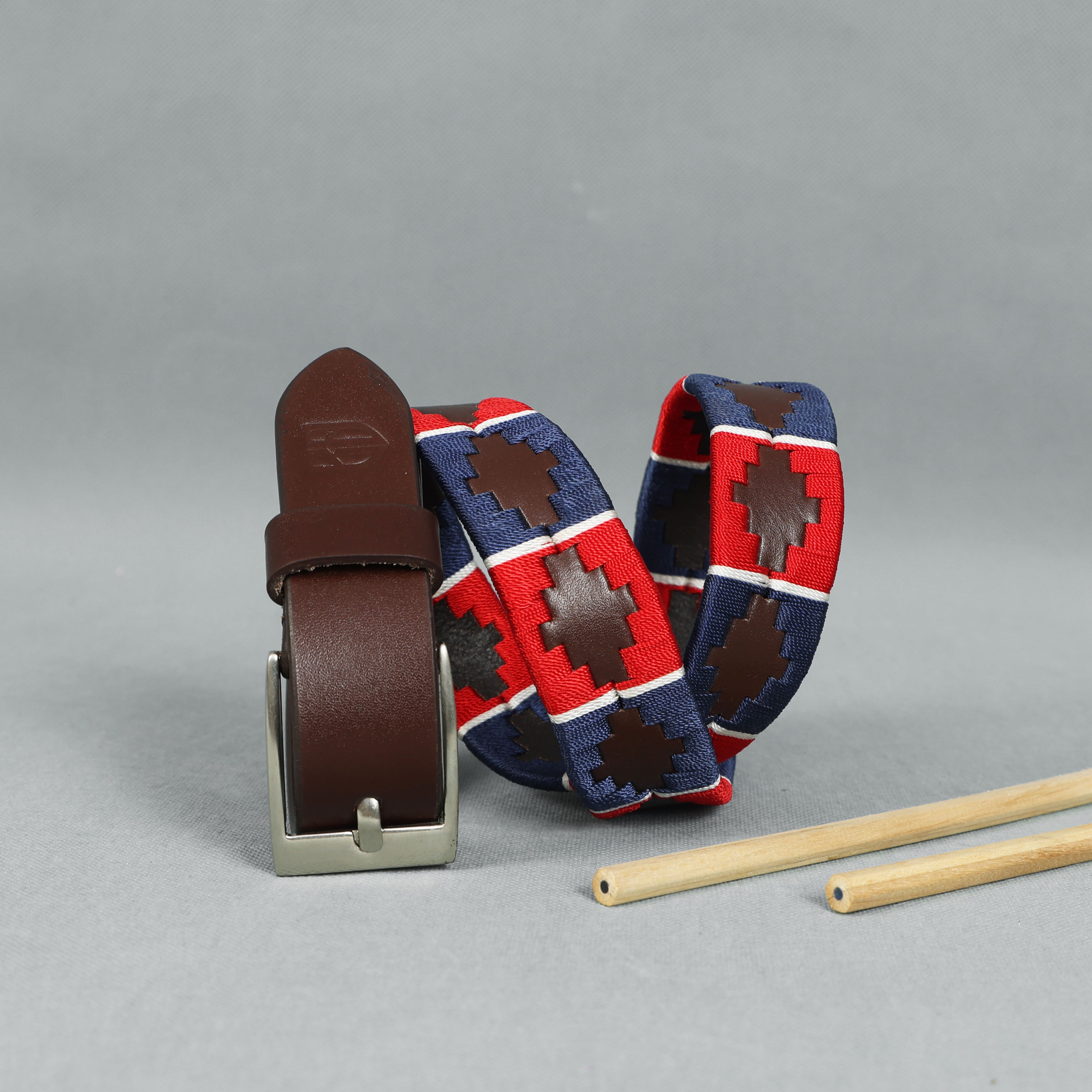 Kids Brown Leather Polo Belt – Handcrafted with Red,Navy Blue with White border Embroidery | For Boys & Girls