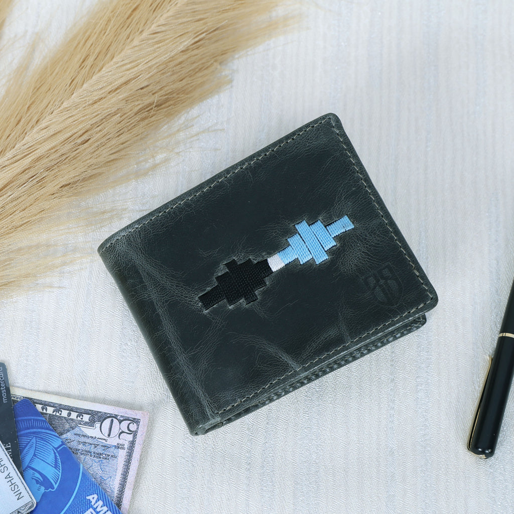 Handcrafted Gaucho Leather Wallet – Dark Olive Bifold with Blue & Black Patagonian Embroidery
