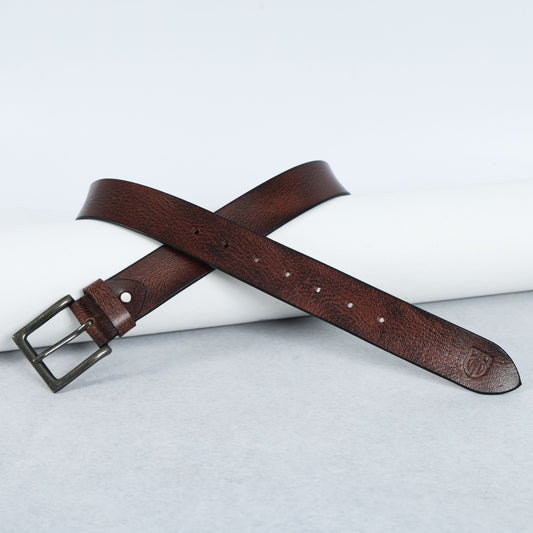 Brown Hand-Painted Leather Belt - Hammered with Antique Buckle
