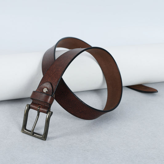 Brown Hand-Painted Leather Belt - Tree Pattern with Antique Buckle