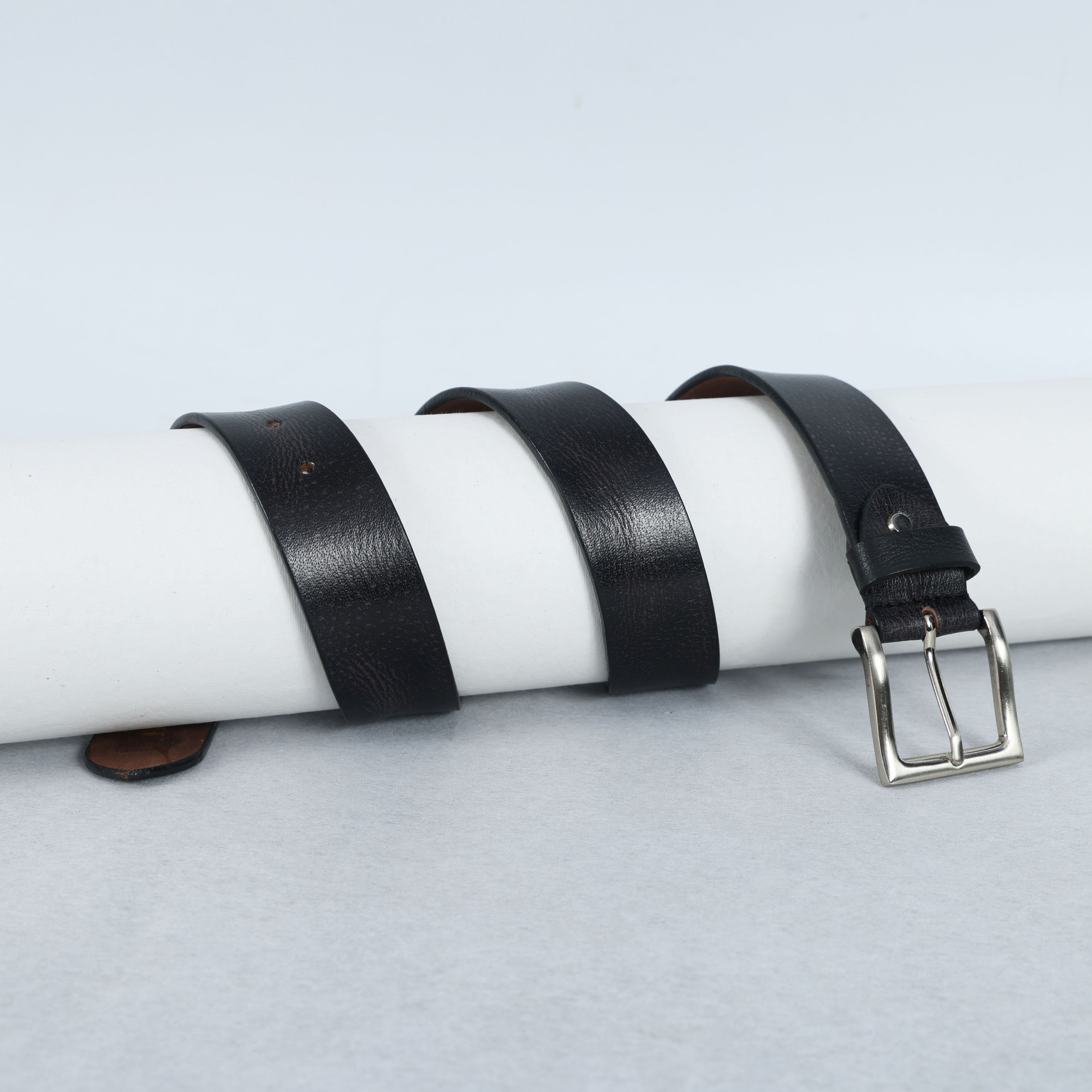 Black Hand-Painted Leather Belt - Hammered with Silver Buckle