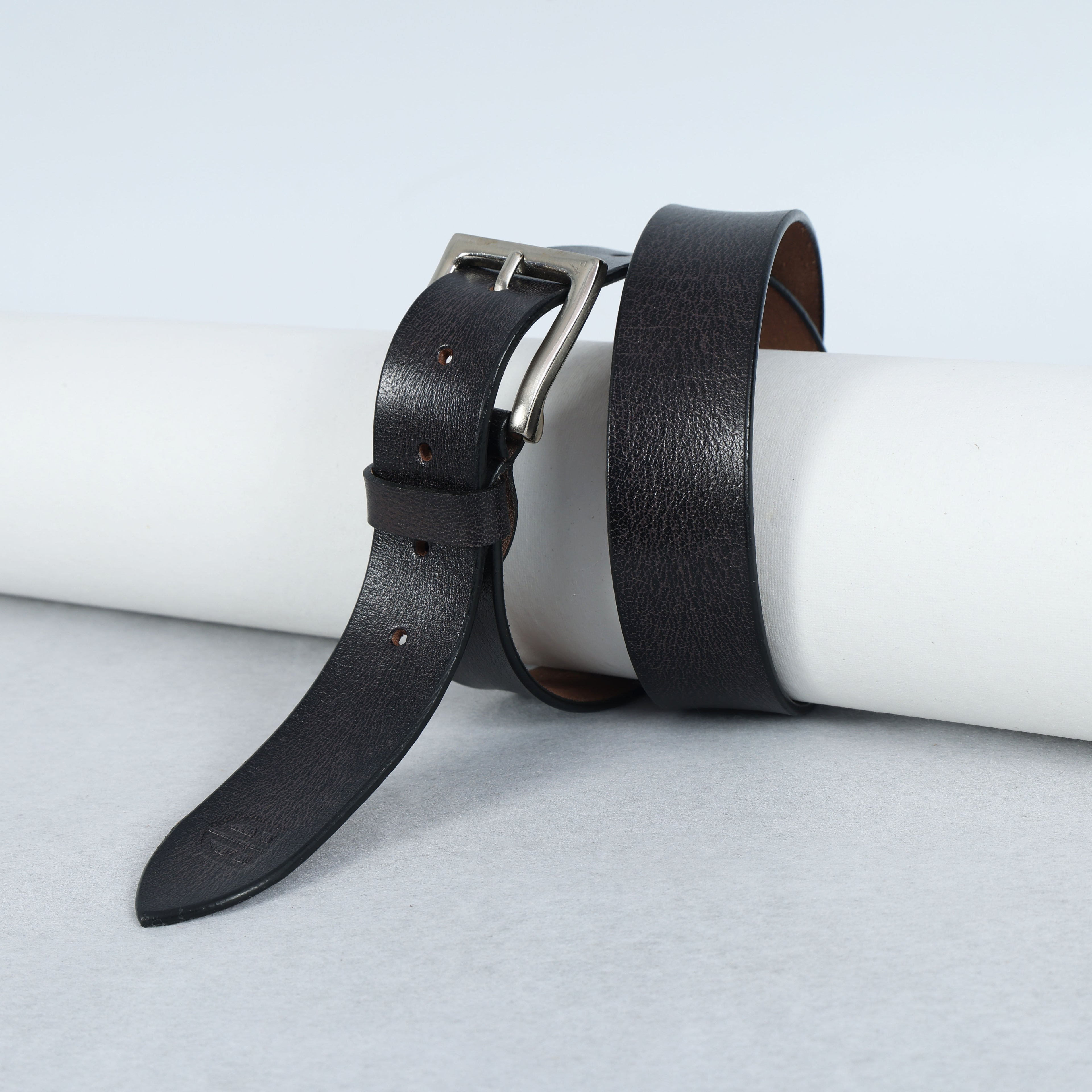 Black Hand-Painted Leather Belt - Tree Pattern with Silver Buckle