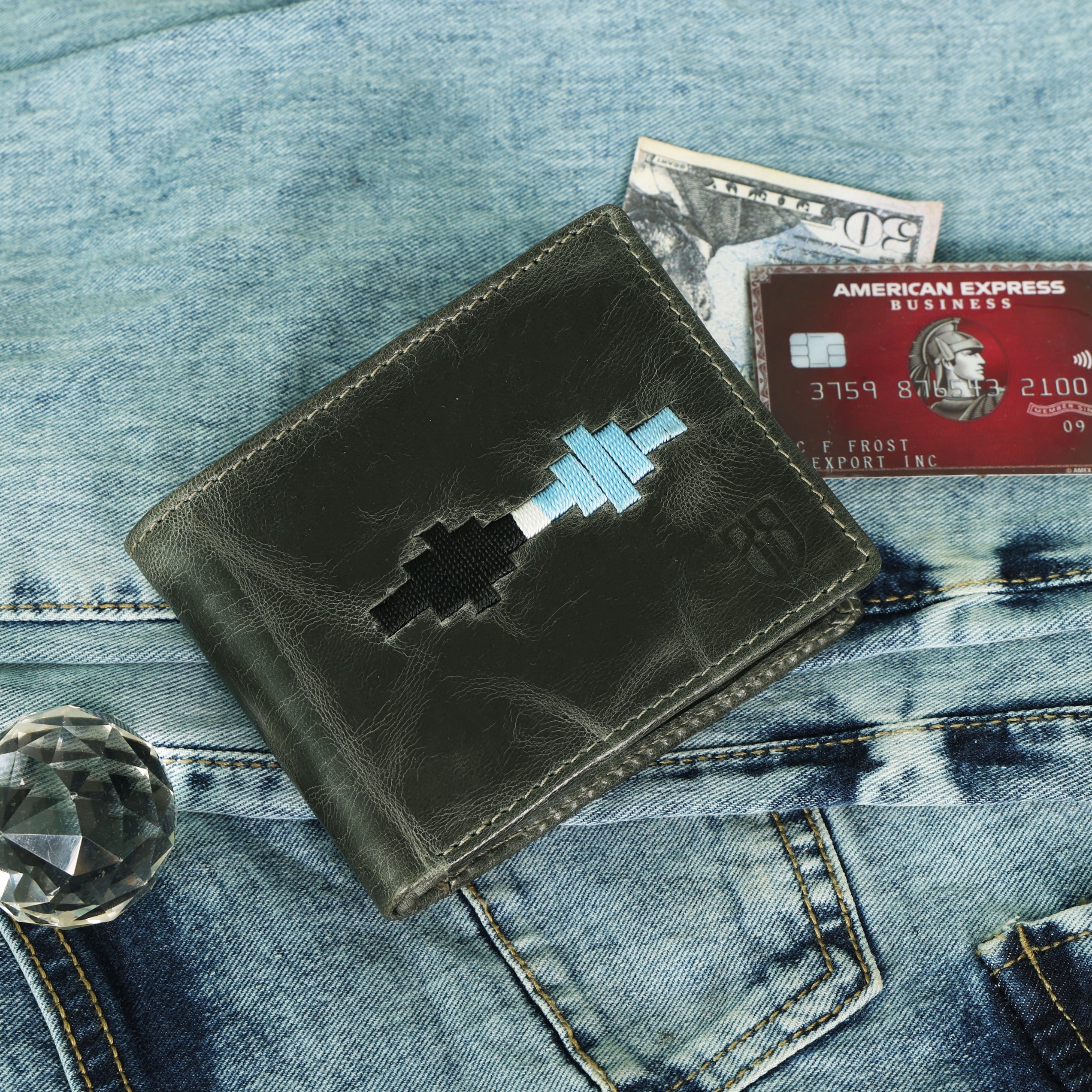 Handcrafted Gaucho Leather Wallet – Dark Olive Bifold with Blue & Black Patagonian Embroidery