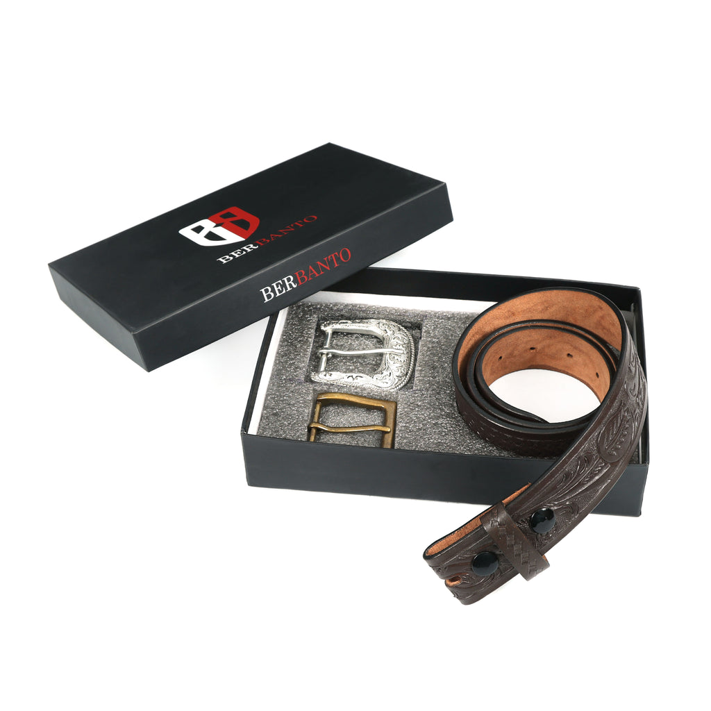 Dark Brown Leather Western Belt with Western Engraved Silver Buckle + Free Antique Plain Buckle
