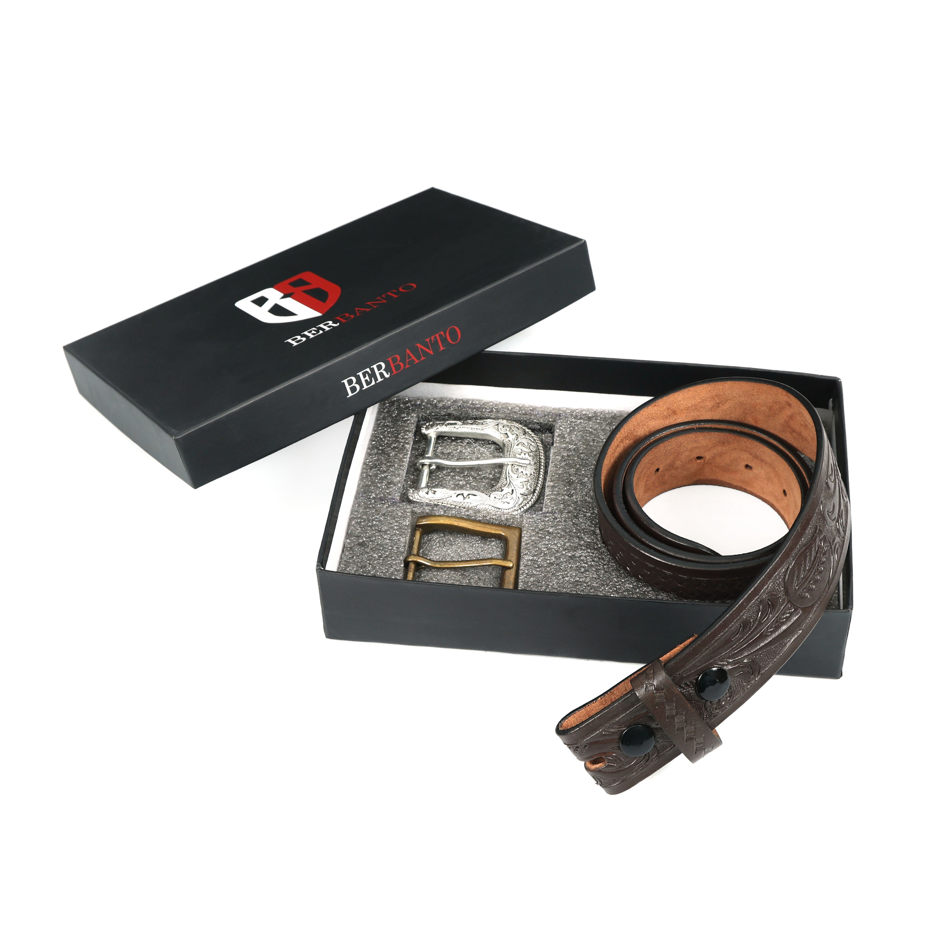 Dark Brown Leather Western Belt with Western Engraved Silver Buckle + Free Antique Plain Buckle