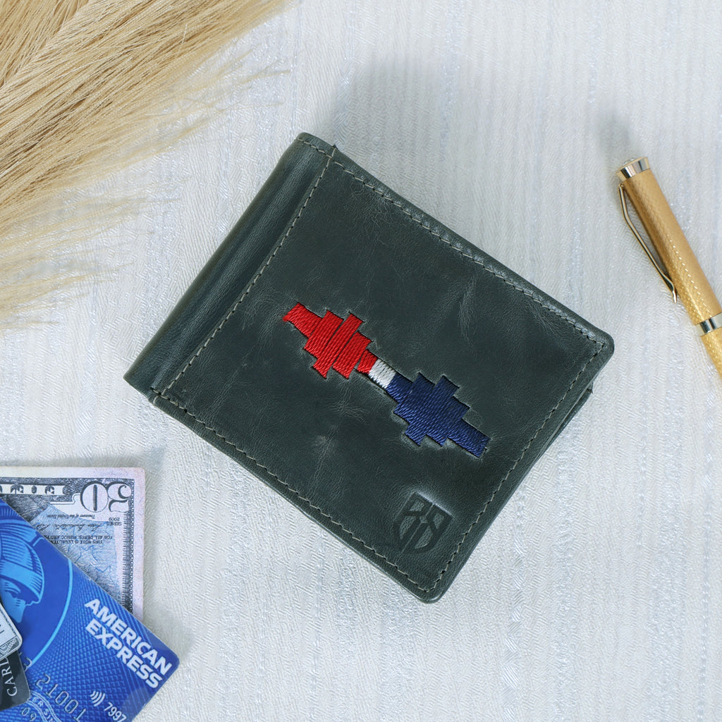 Handmade Leather Gaucho (Polo) Wallet – Vintage Olive Green Bifold with Red & Blue Argentine Embroidery