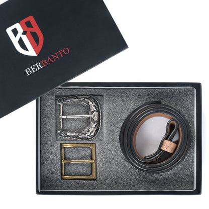 Berbanto Natural Leather Western Belt with Western Engraved Rustic Silver Buckle + Free Antique Plain Buckle