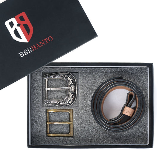 Berbanto Natural Leather Western Belt with Western Engraved Rustic Silver Buckle + Free Antique Plain Buckle
