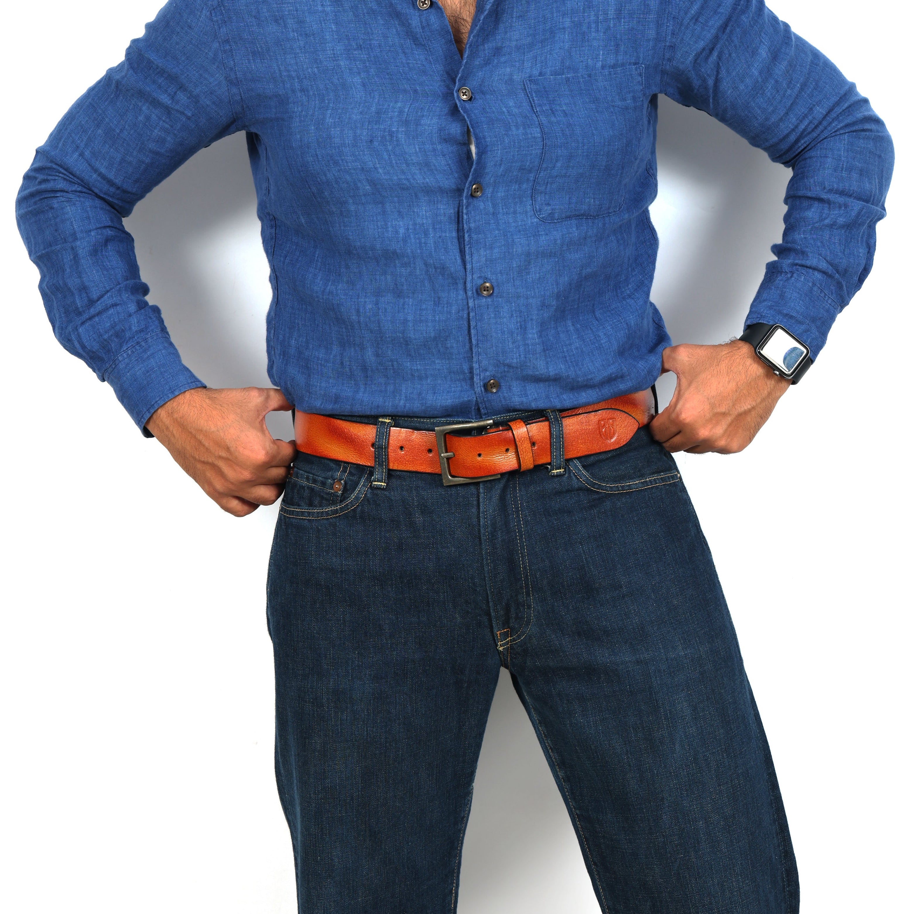 Tan Hand-Painted Leather Belt - Hammered with Antique Buckle