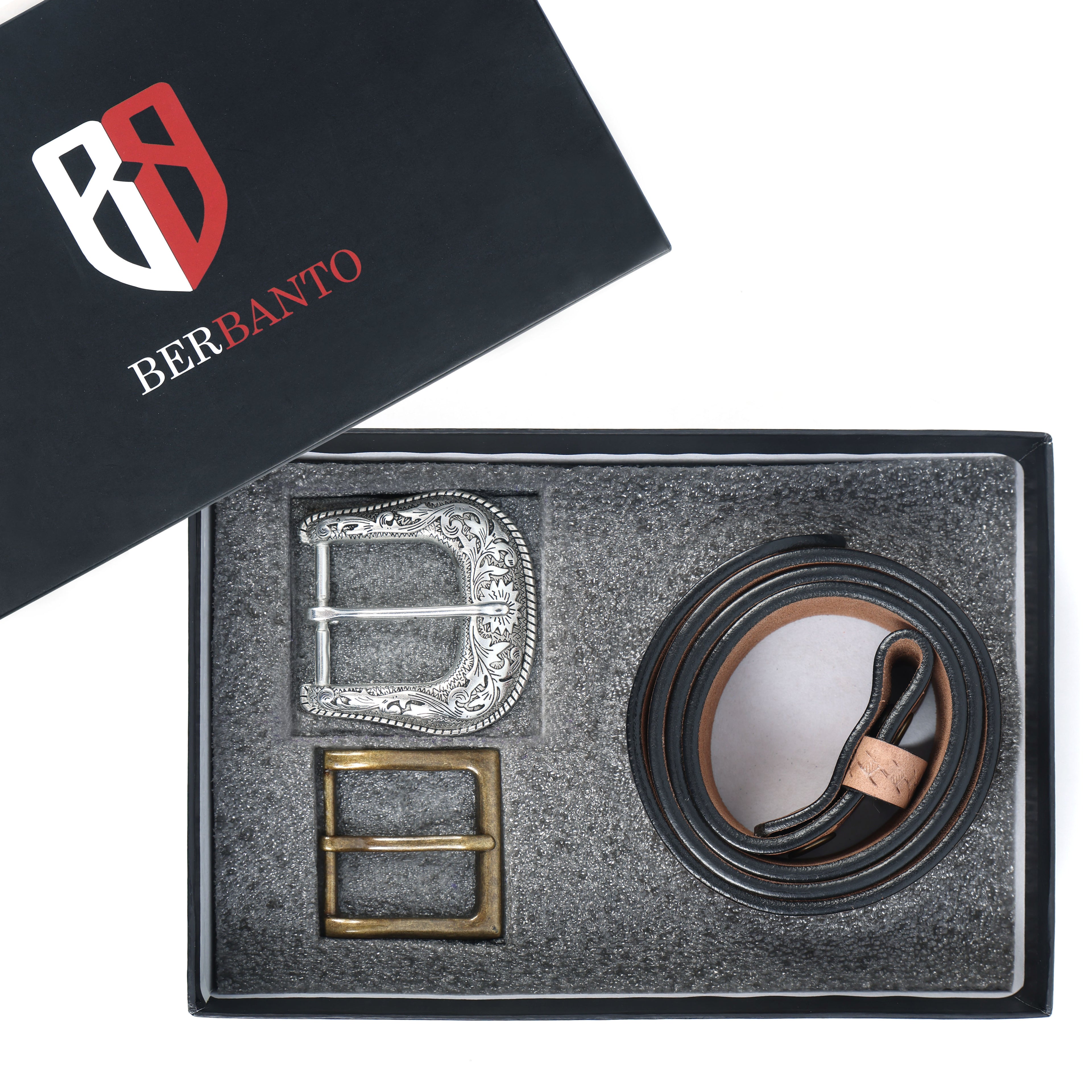 Berbanto Natural Leather Western Belt with Western Engraved Silver Buckle + Free Antique Plain Buckle
