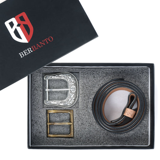 Berbanto Natural Leather Western Belt with Western Engraved Silver Buckle + Free Antique Plain Buckle
