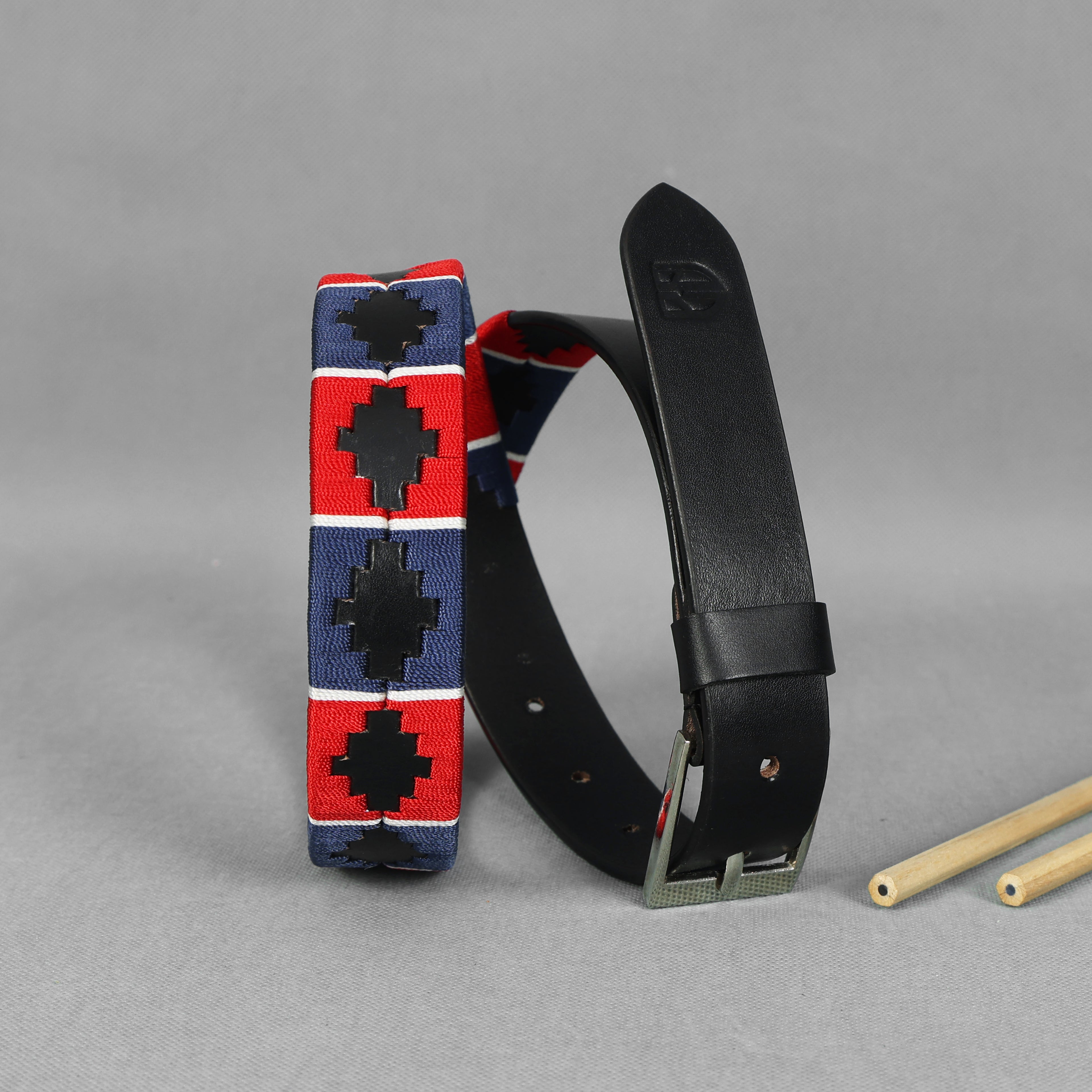 Kids Black Leather Polo Belt – Handcrafted with Red,Navy Blue with White border Embroidery | For Boys & Girls