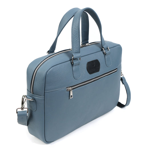 Steel-Blue Full-Grain Leather Laptop Bag