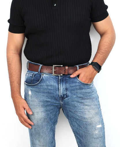 Brown Hand-Painted Leather Belt - Hammered with Silver Buckle