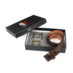 Berbanto Two Tone Brown Leather Western Belt with Western Engraved Black Buckle + Free Antique Plain Buckle
