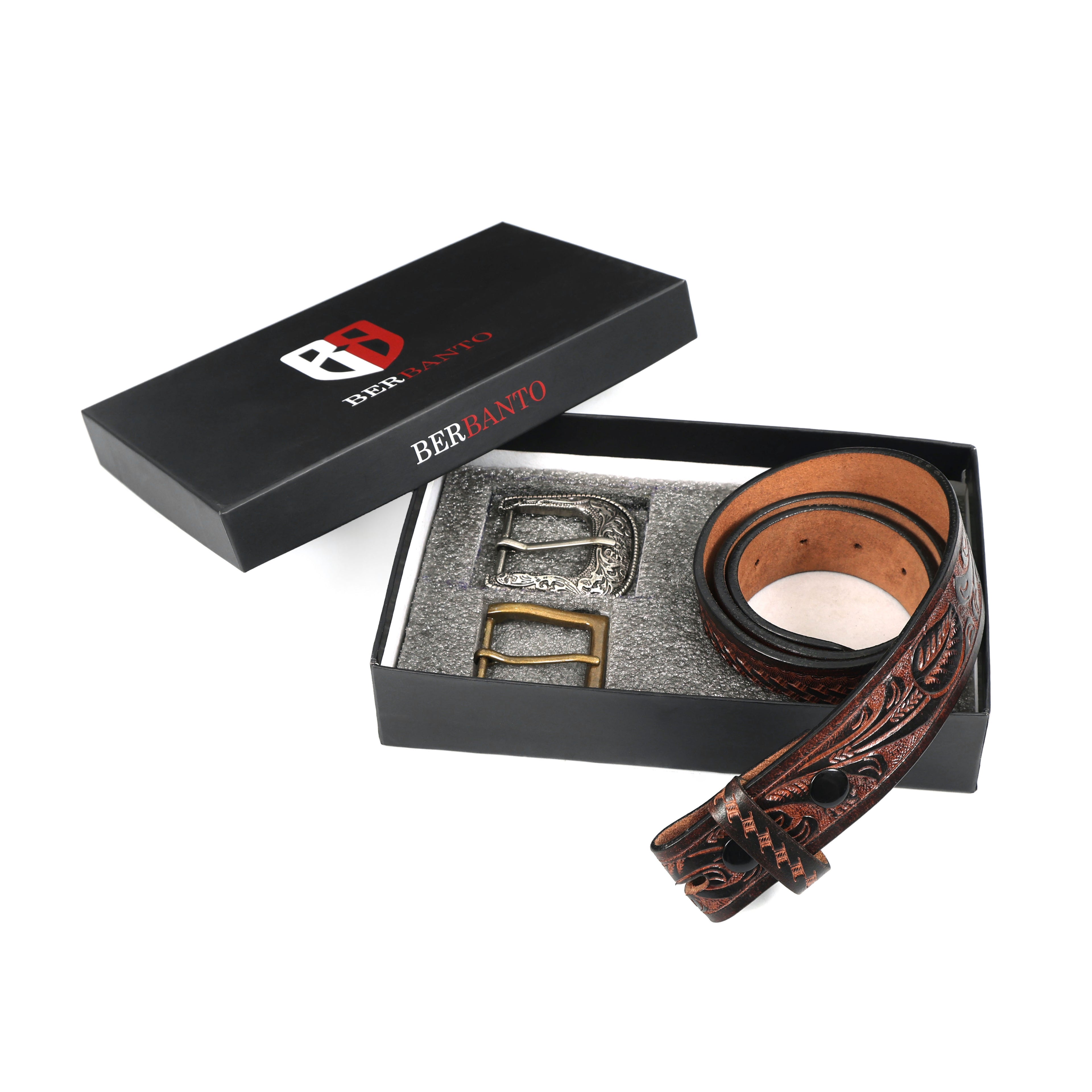 Berbanto Two Tone Brown Leather Western Belt with Western Engraved Black Buckle + Free Antique Plain Buckle