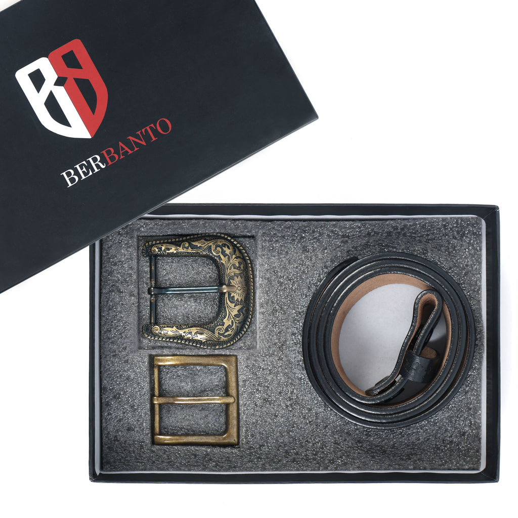 Black Leather Western Belt with Western Engraved Brass Buckle + Free Antique Plain Buckle