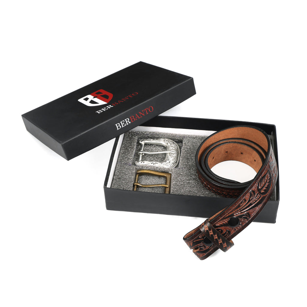 Berbanto Two Tone Brown Leather Western Belt with Western Engraved Silver Buckle + Free Antique Plain Buckle