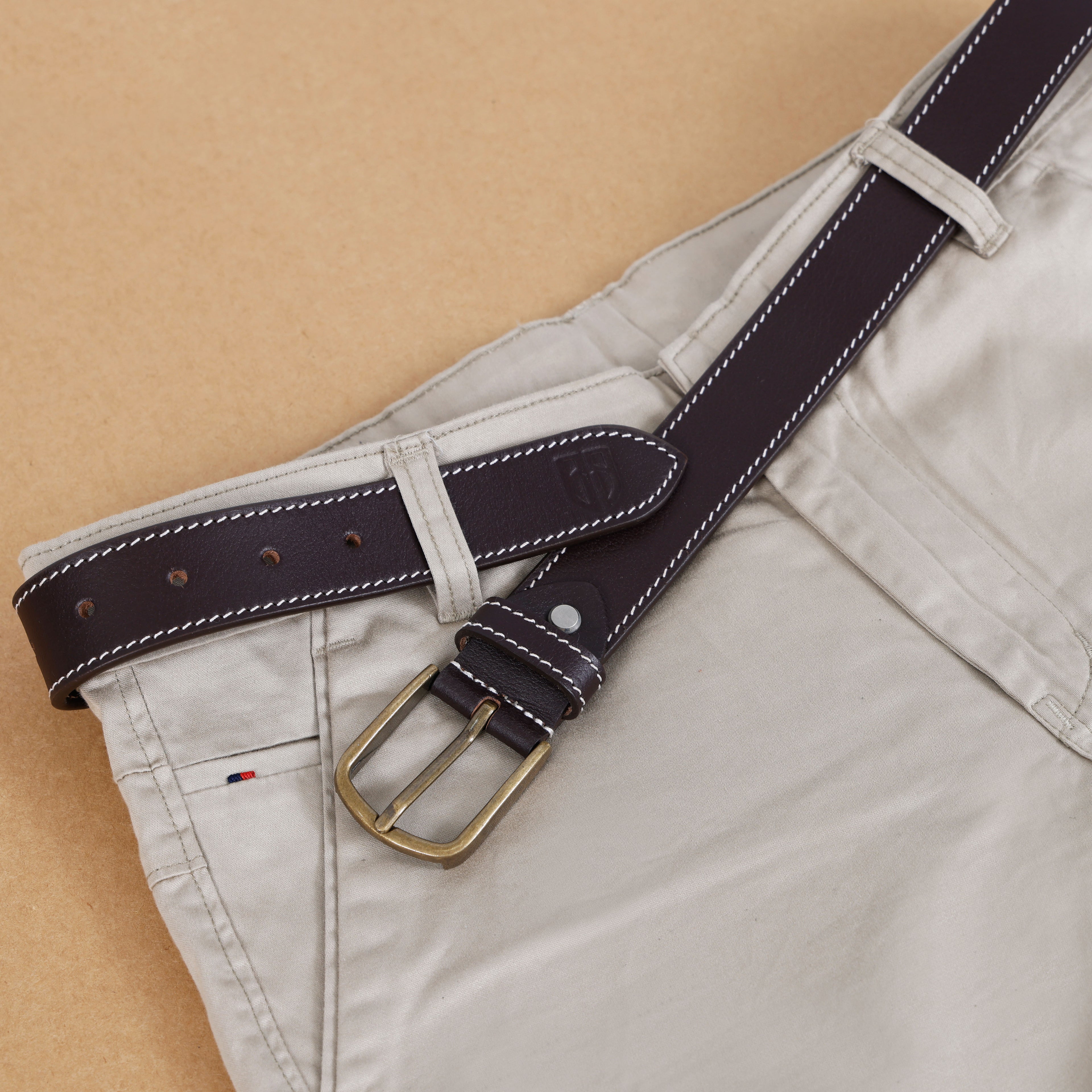 Berbanto Oxford Stitch Leather Belt - Dark Brown