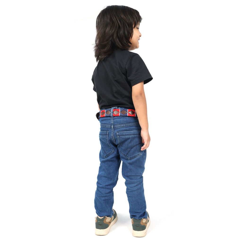 Kids Brown Leather Polo Belt – Handcrafted with Red,Navy Blue with White border Embroidery | For Boys & Girls