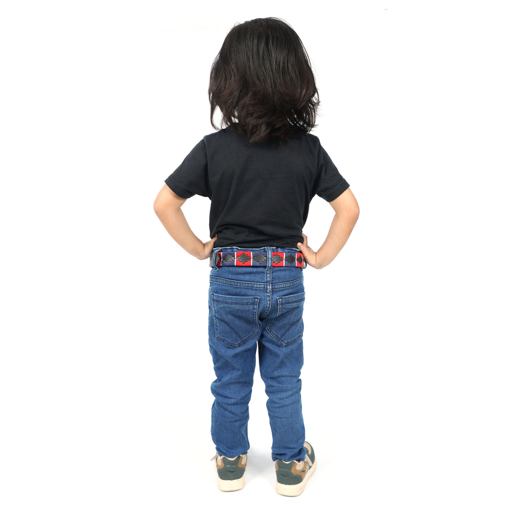 Kids Black Leather Polo Belt – Handcrafted with Red,Navy Blue with White border Embroidery | For Boys & Girls