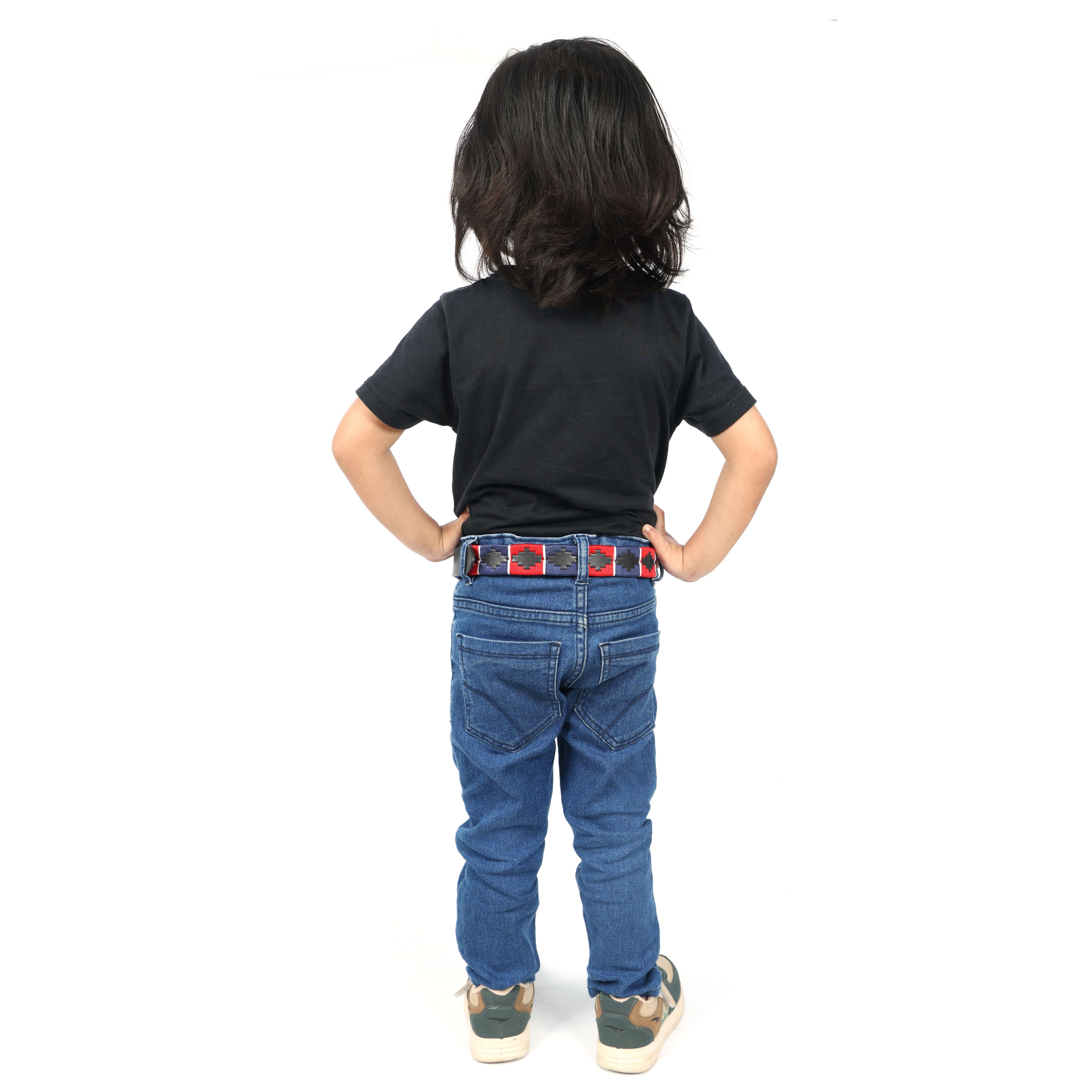 Kids Black Leather Polo Belt – Handcrafted with Red,Navy Blue with White border Embroidery | For Boys & Girls