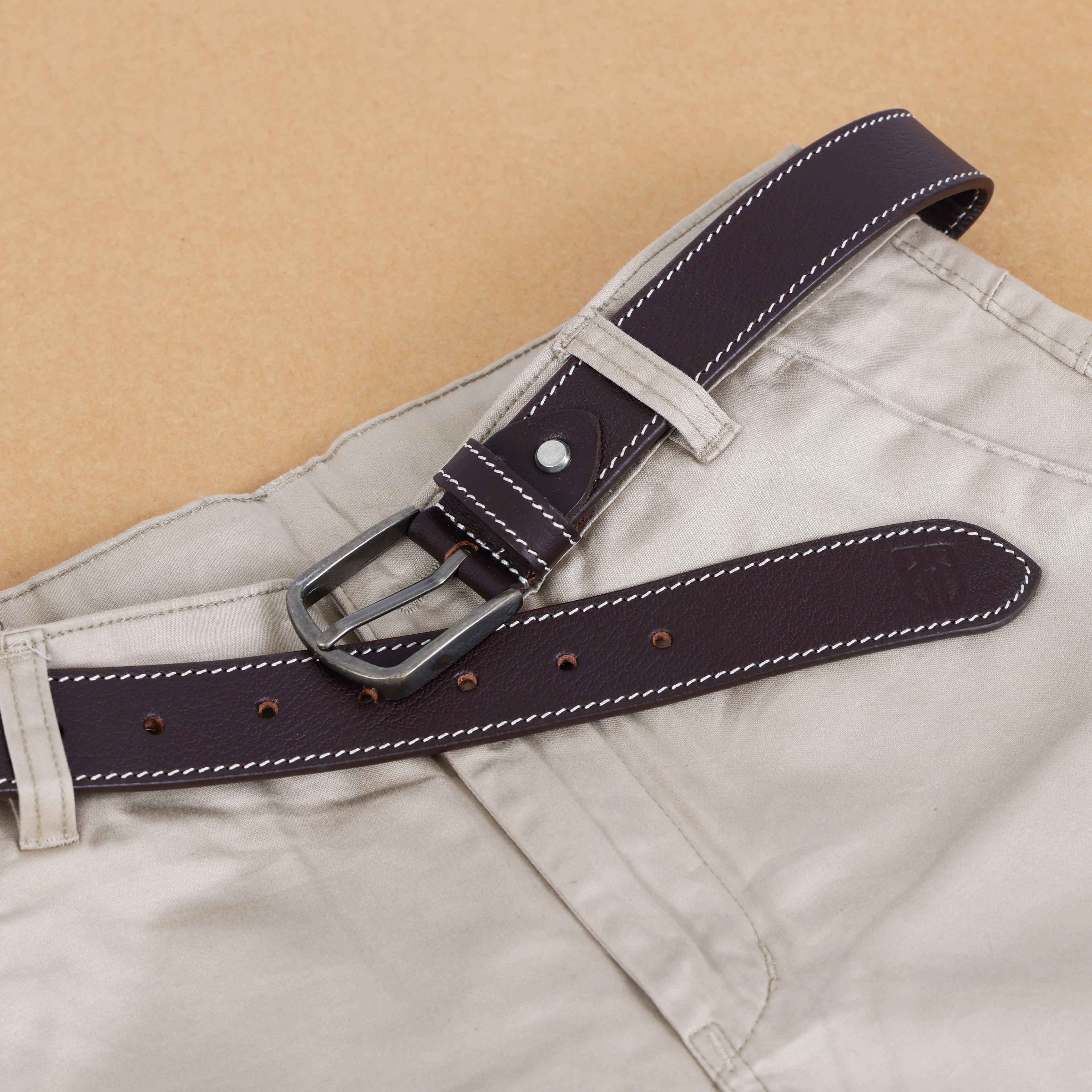 Berbanto Oxford Stitch Leather Belt - Dark Brown