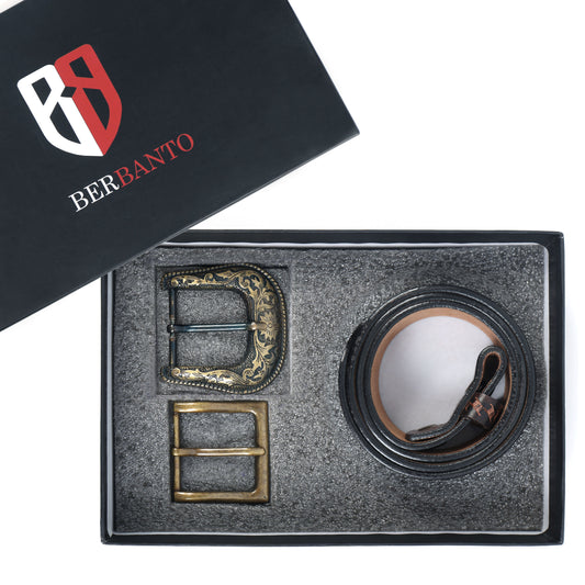 Berbanto Two Tone Brown Leather Western Belt with Western Engraved Brass Buckle + Free Antique Plain Buckle
