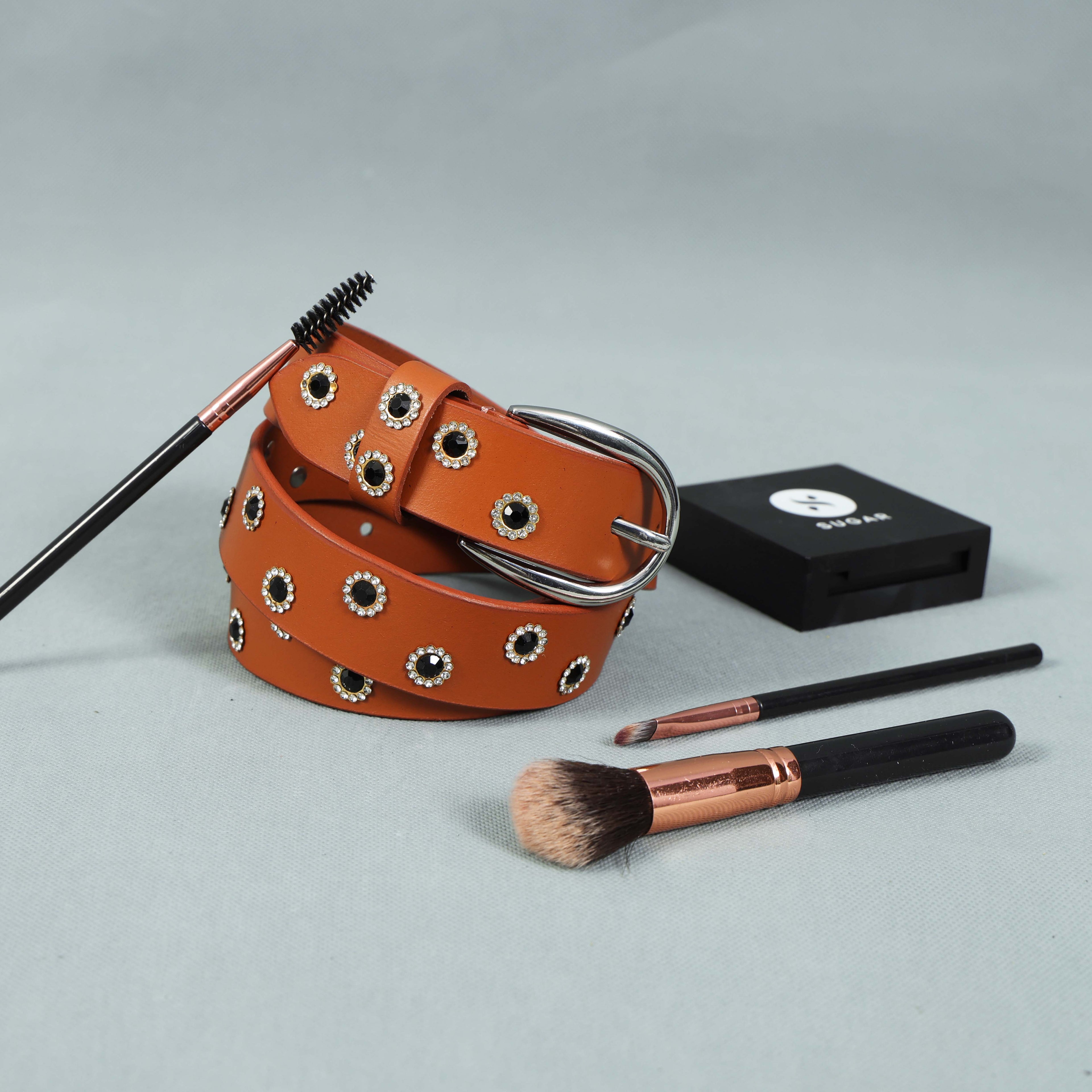 Tan Studded Leather Belt for Women – Vintage Western-Style Grommet Belt with Silver Buckle