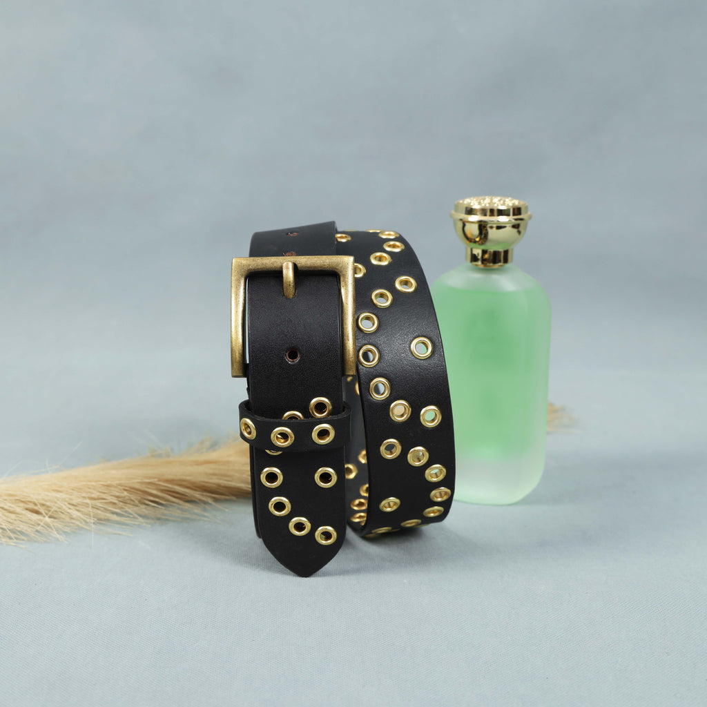 Black Leather Grommet Belt for Men – Double Eyelet Punk Rock Belt with Brass Buckle