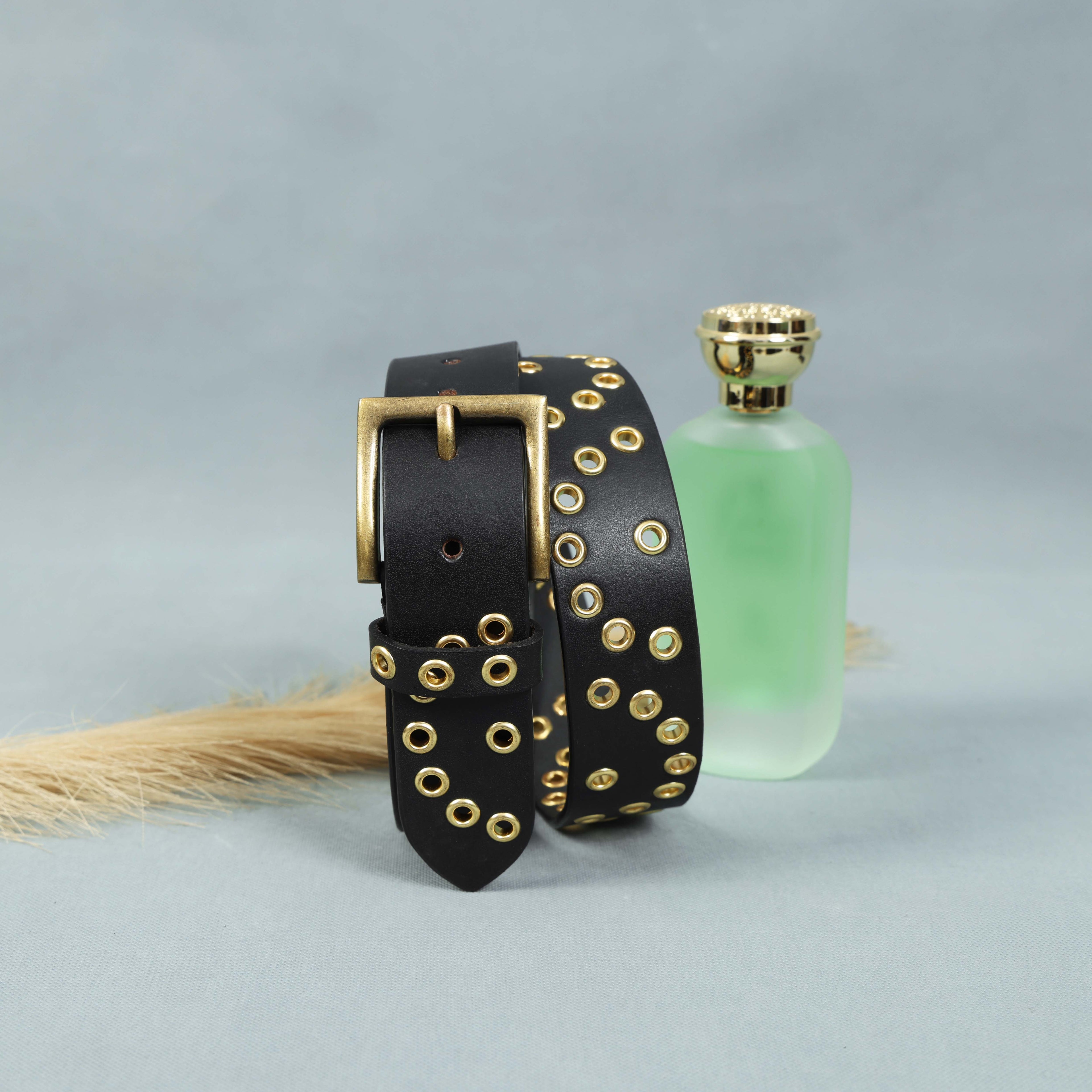Black Leather Grommet Belt for Men – Double Eyelet Punk Rock Belt with Brass Buckle