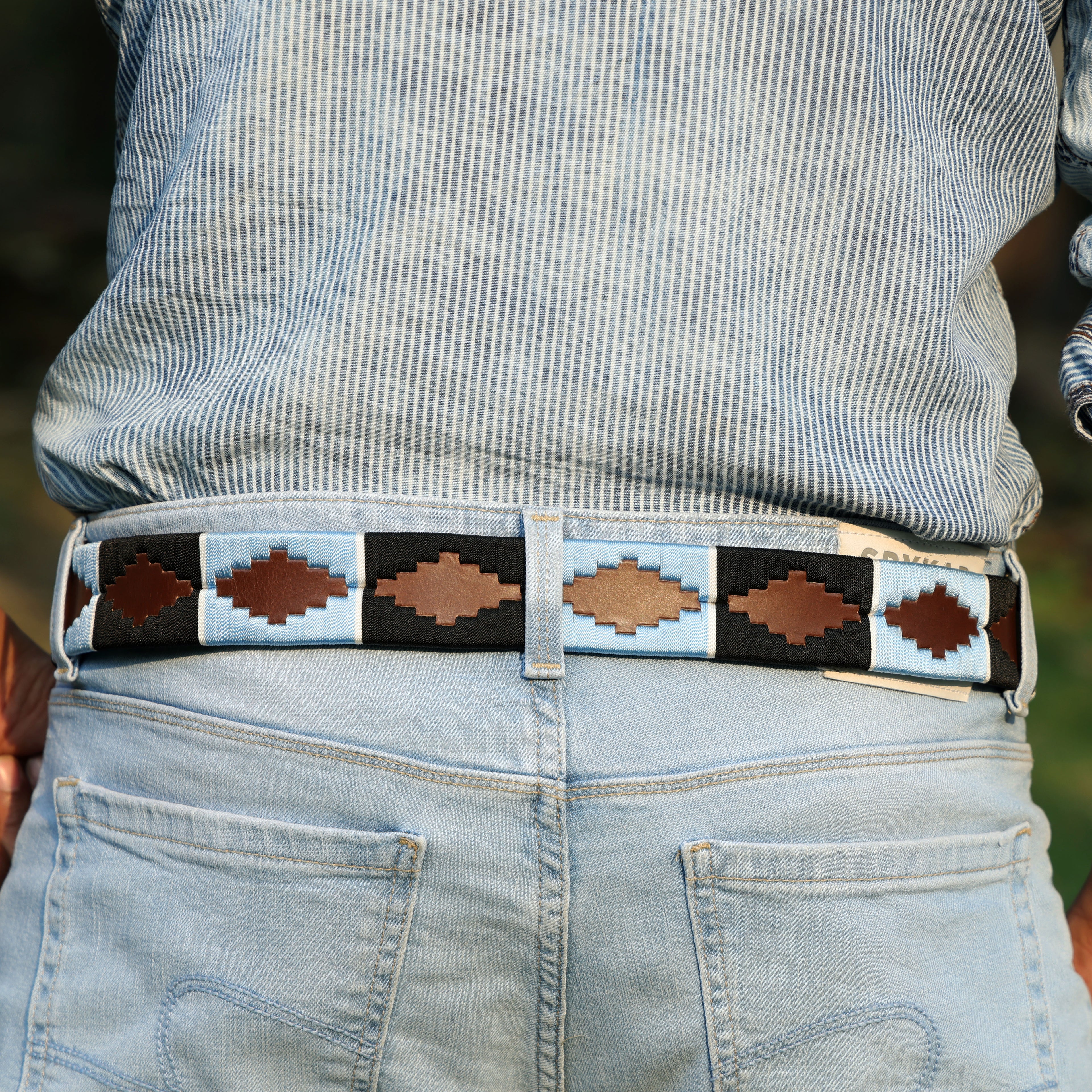 Brown Polo Leather Belt with Blue and Black Stitching & Antique Buckle