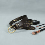 Women's Brown Studded Leather Belt – Vintage Brass Buckle, Boho Chic & Western Style