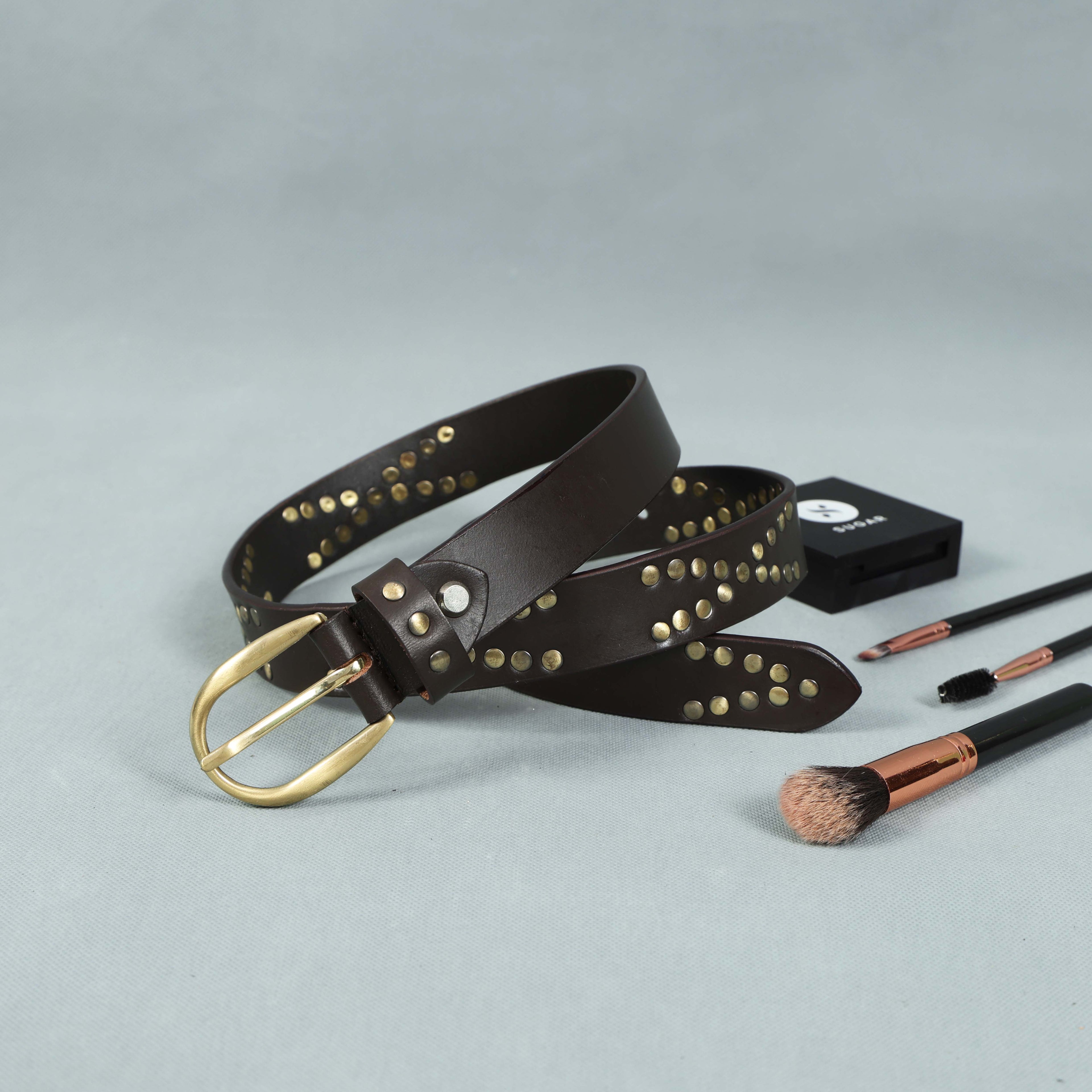 Women's Brown Studded Leather Belt – Vintage Brass Buckle, Boho Chic & Western Style