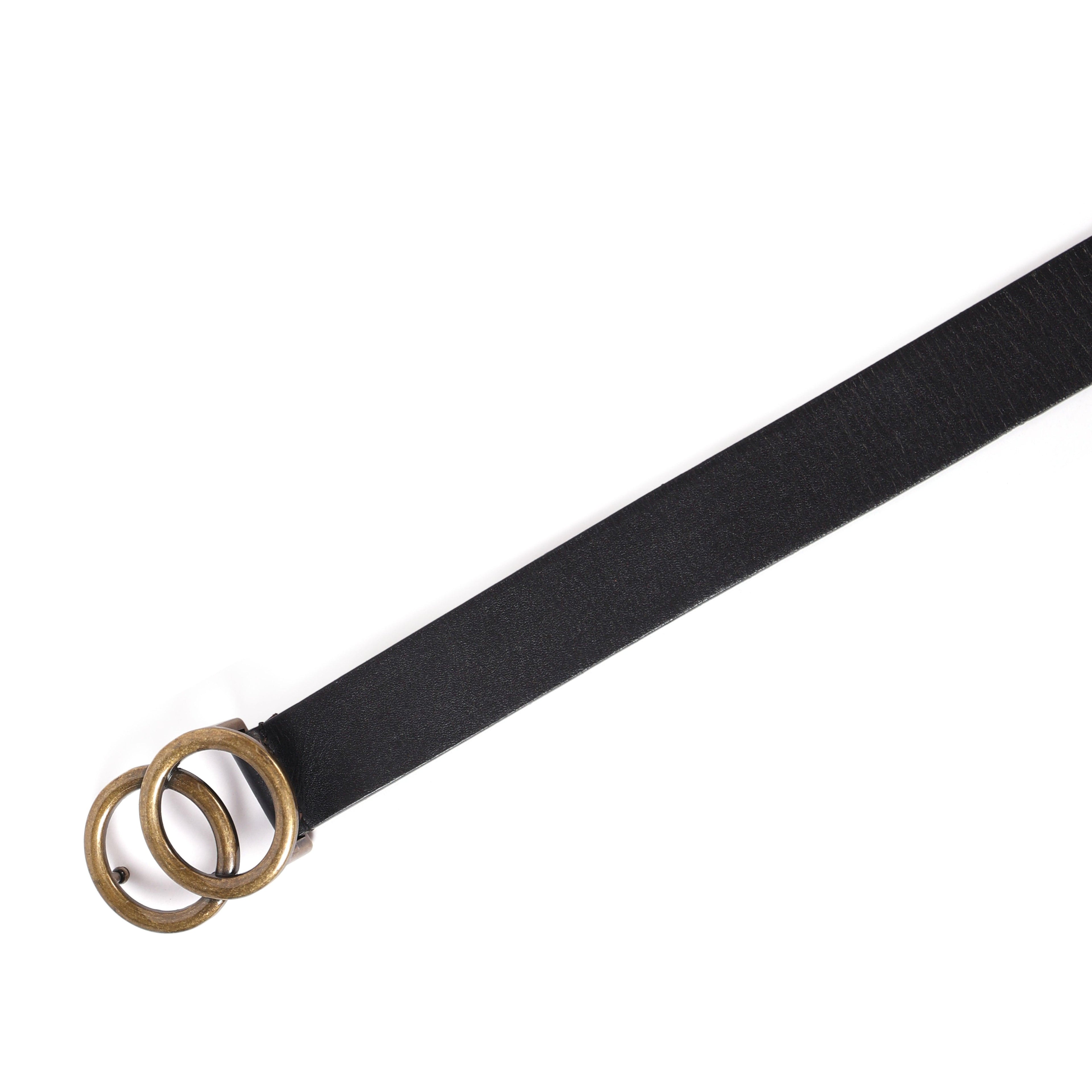 Black Leather Belt for Women with Round Antique Buckle