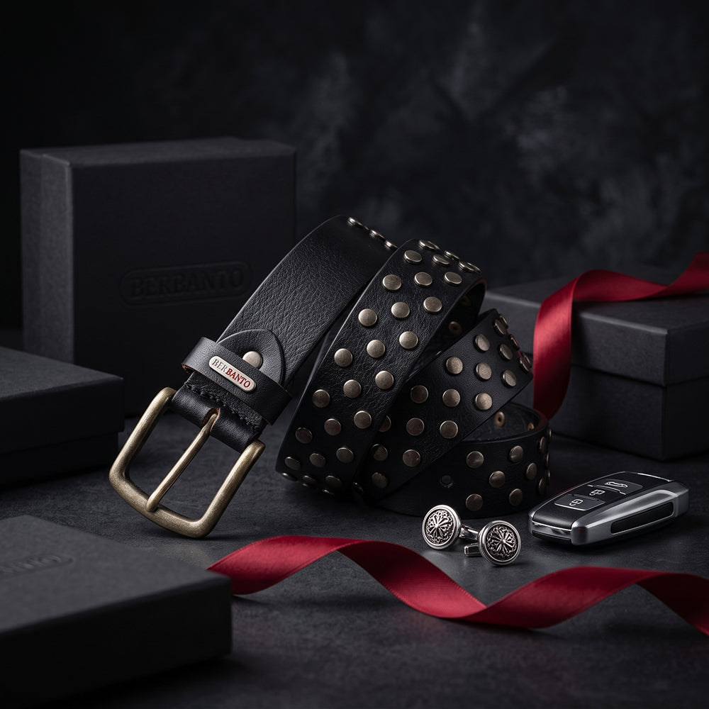 Berbanto Blackout Full-Grain Studded Leather Belt