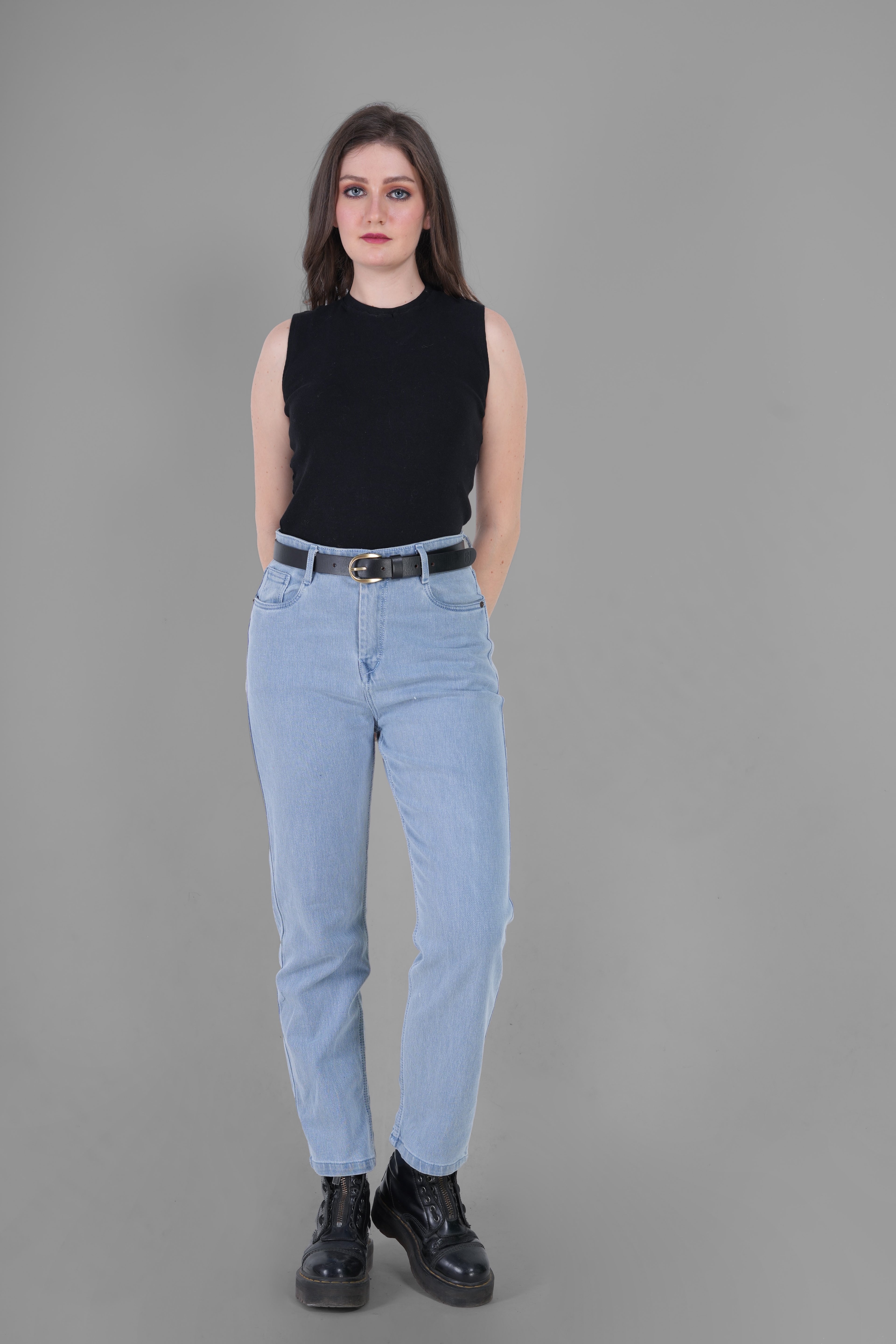 Black Leather Belt for Women with Golden Buckle