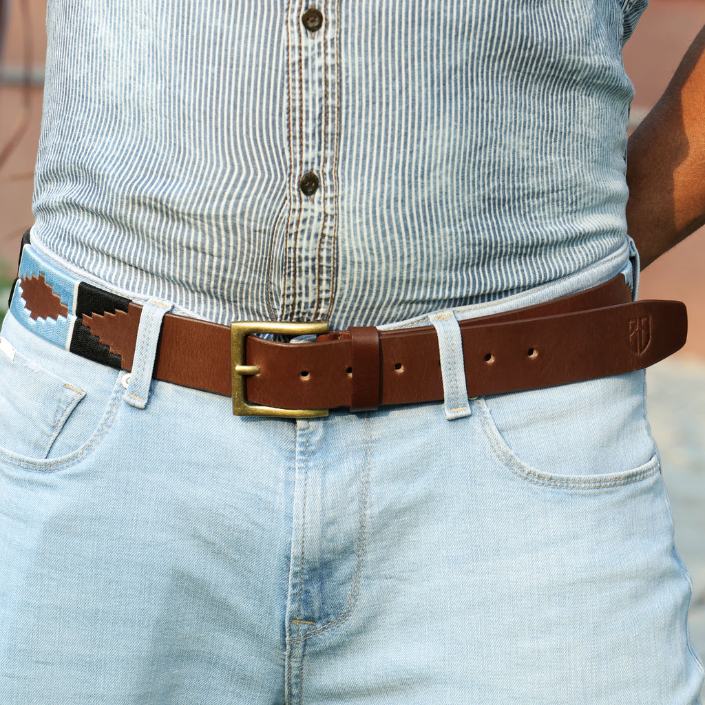 Brown Polo Leather Belt with Blue and Black Stitching & Golden Buckle