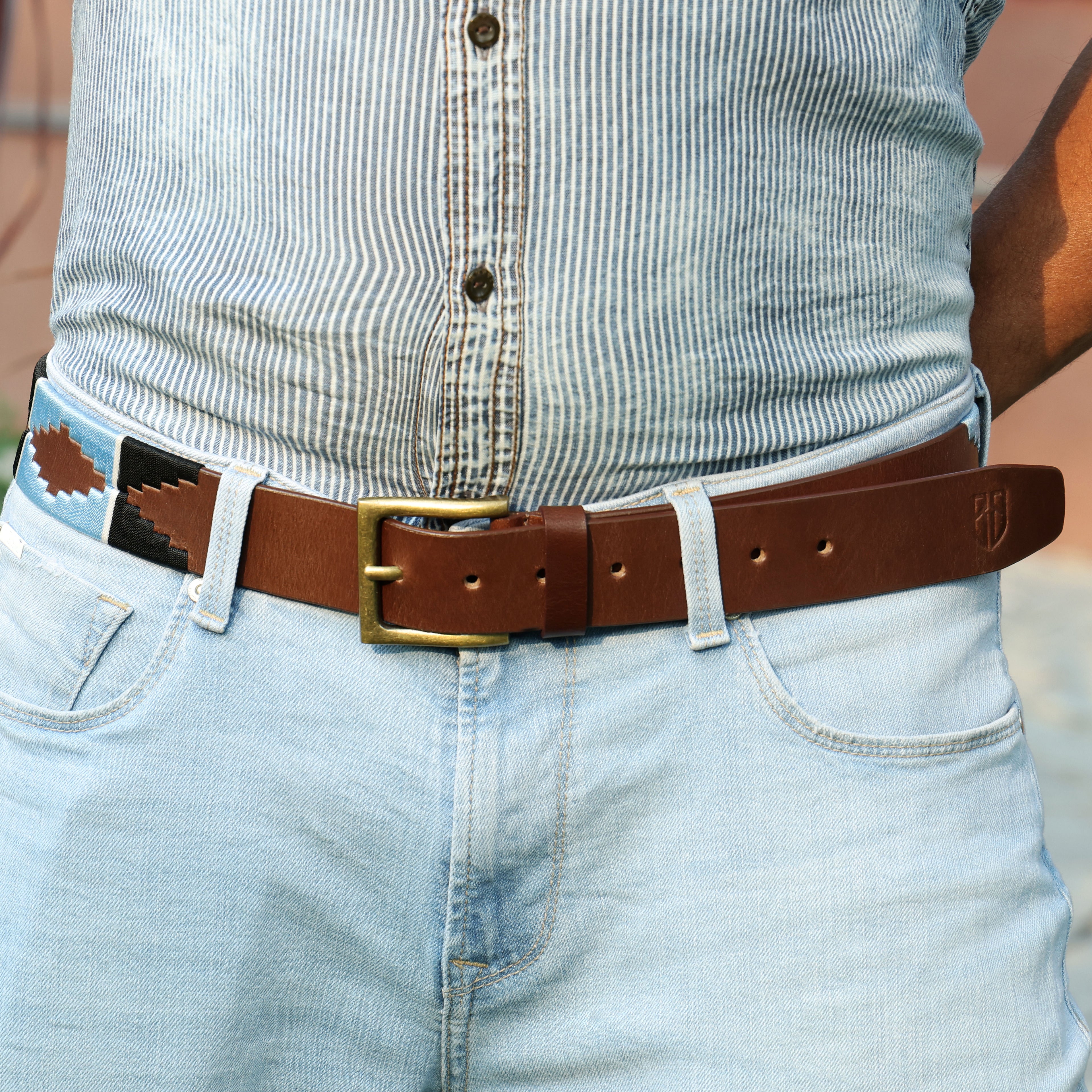 Brown Polo Leather Belt with Blue and Black Stitching & Golden Buckle
