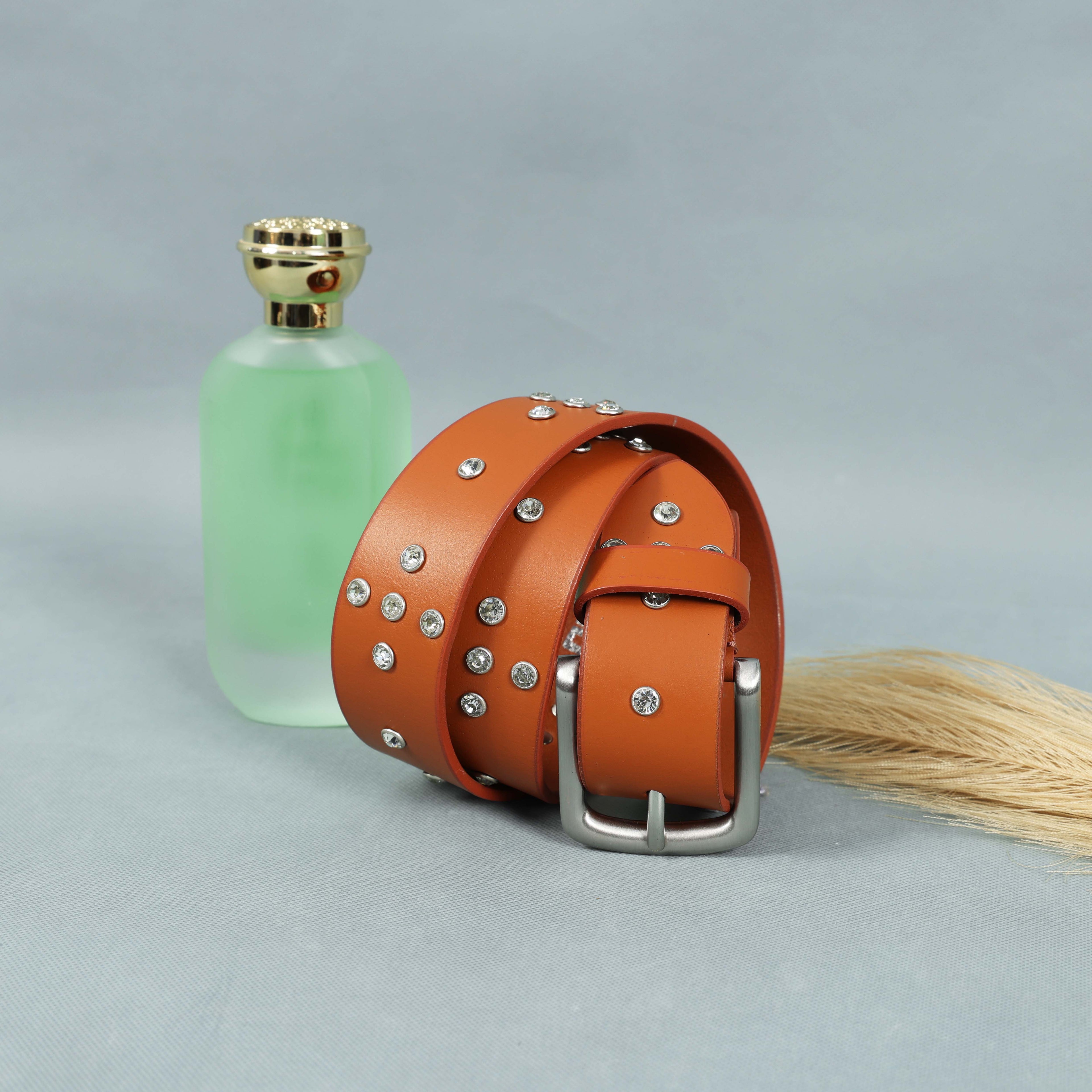Mens’s Tan Leather Studded Belt – Crystal Rhinestones & Silver Buckle